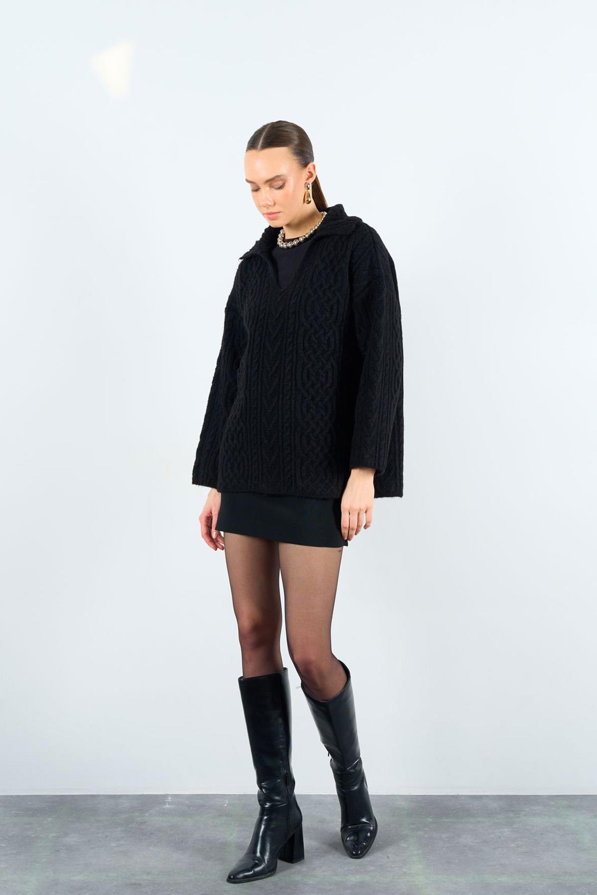 V YAKA ÖRGÜ DESEN TRİKO KAZAK SİYAH