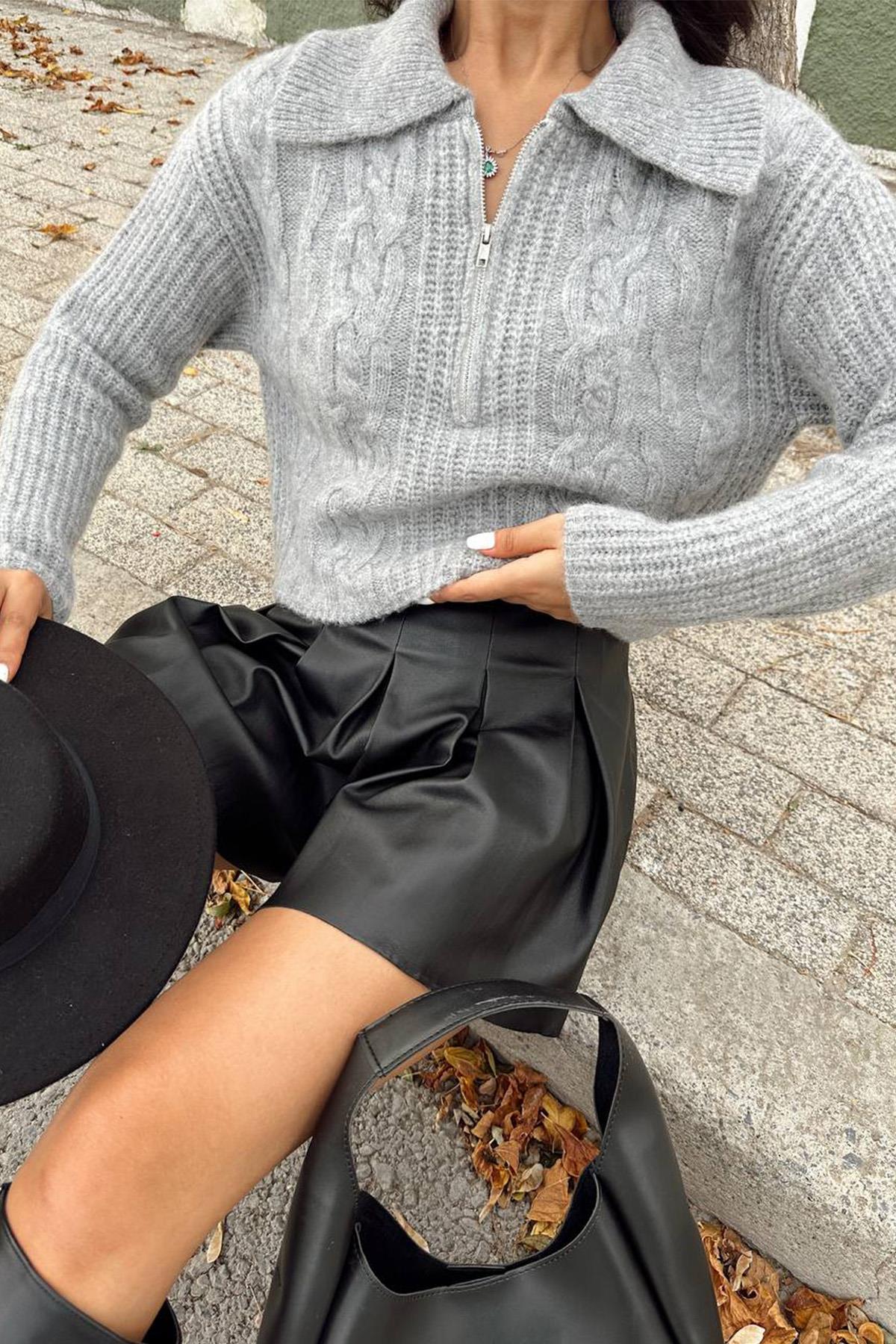 YAKASI FERMUARLI CROP TRİKO KAZAK GRİ