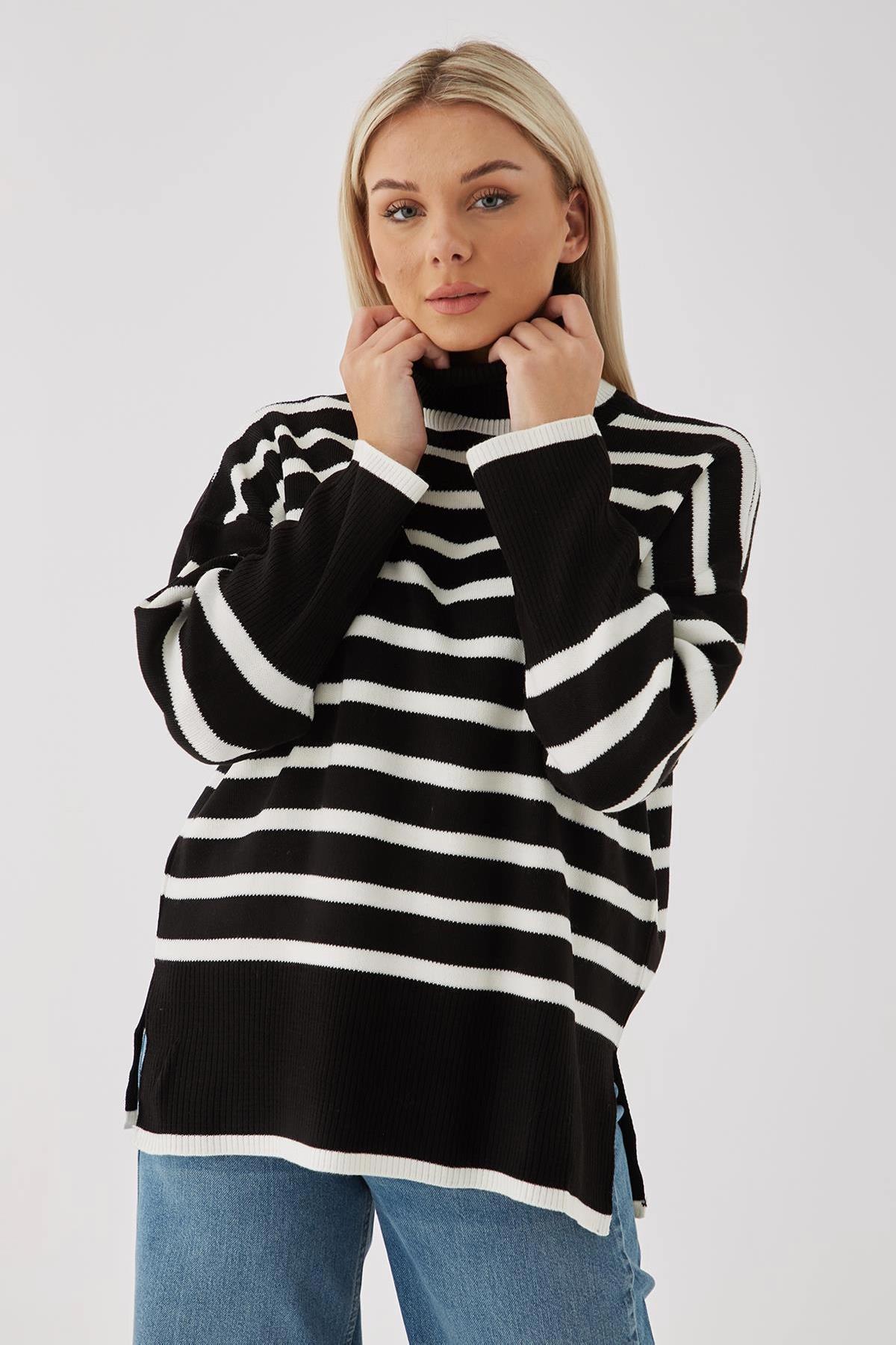 YIRTMAÇLI BOĞAZLI ÇİZGİLİ TRİKO SİYAH