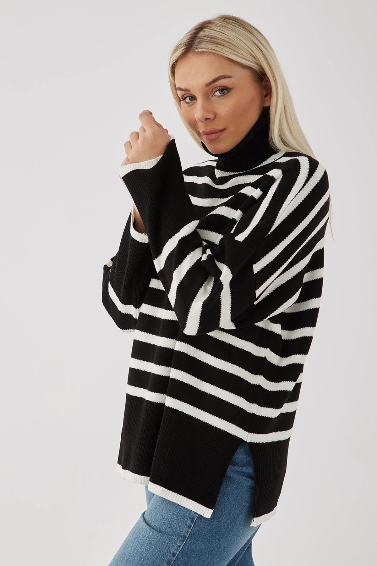 YIRTMAÇLI BOĞAZLI ÇİZGİLİ TRİKO SİYAH