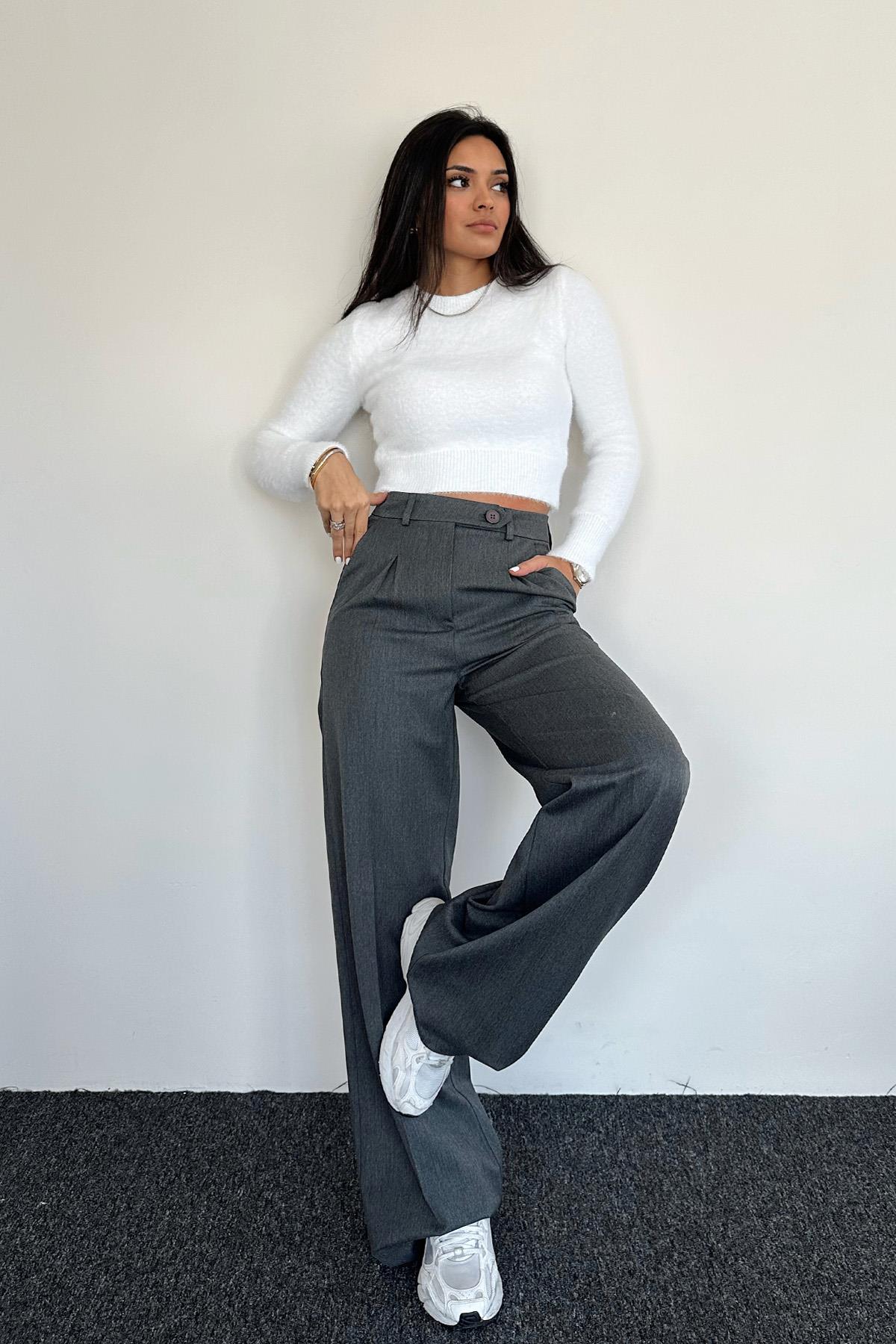 BELİ DÜĞME DETAYLI CEPLİ PALAZZO PANTOLON ANTRASİT