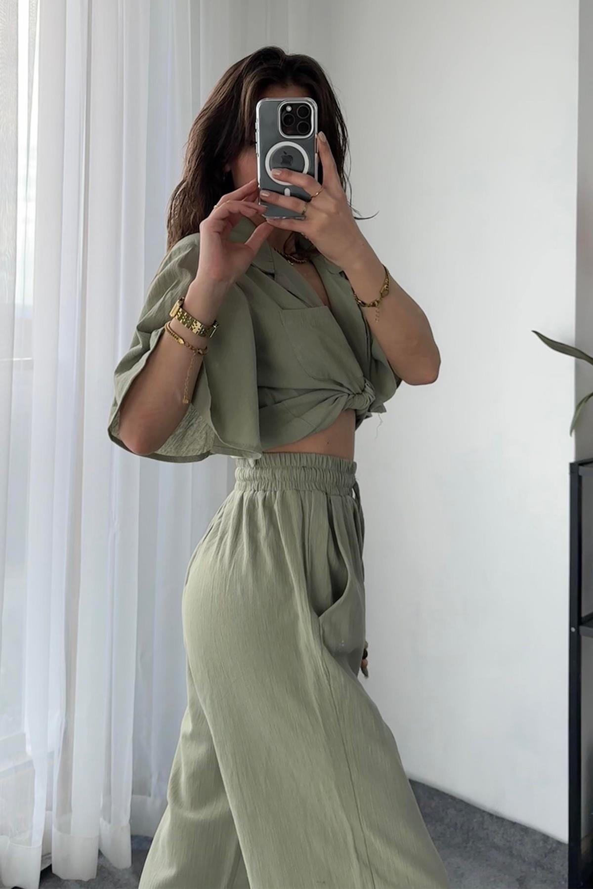 خصر مرن وسروال قطني طويل الأرجل بتفاصيل الخرز