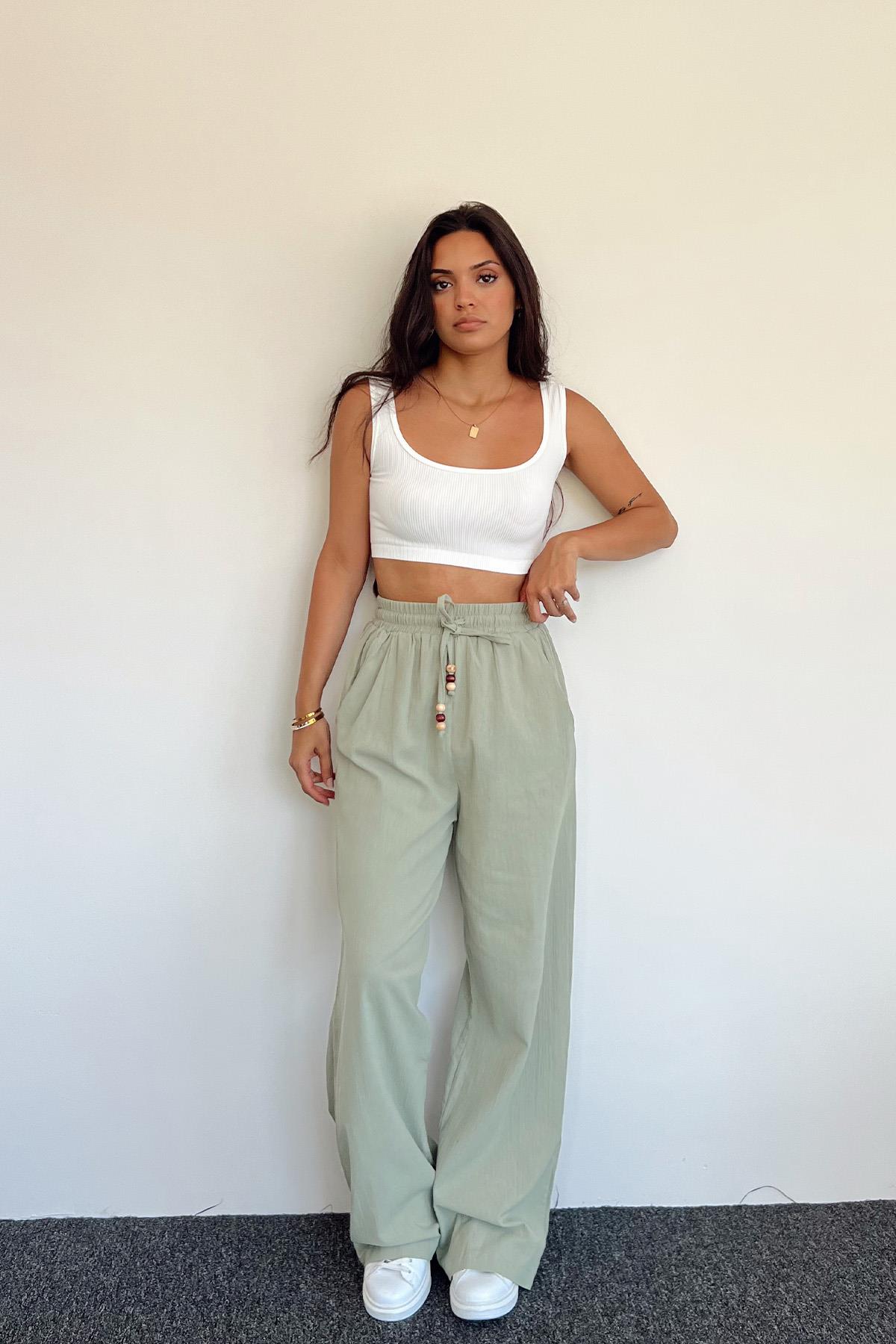 خصر مرن وسروال قطني طويل الأرجل بتفاصيل الخرز