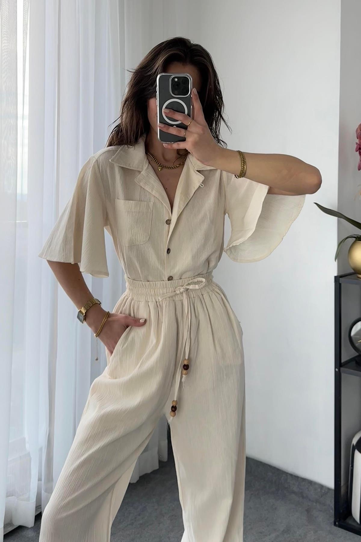 خصر مرن وسروال قطني طويل الأرجل بتفاصيل الخرز