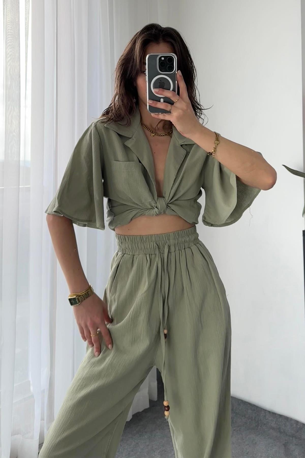 خصر مرن وسروال قطني طويل الأرجل بتفاصيل الخرز