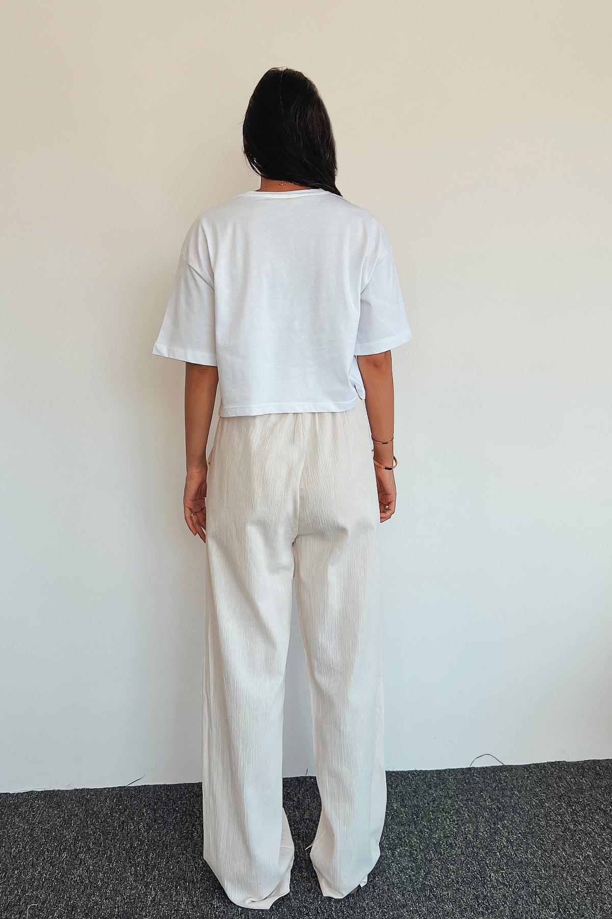 خصر مرن وسروال قطني طويل الأرجل بتفاصيل الخرز