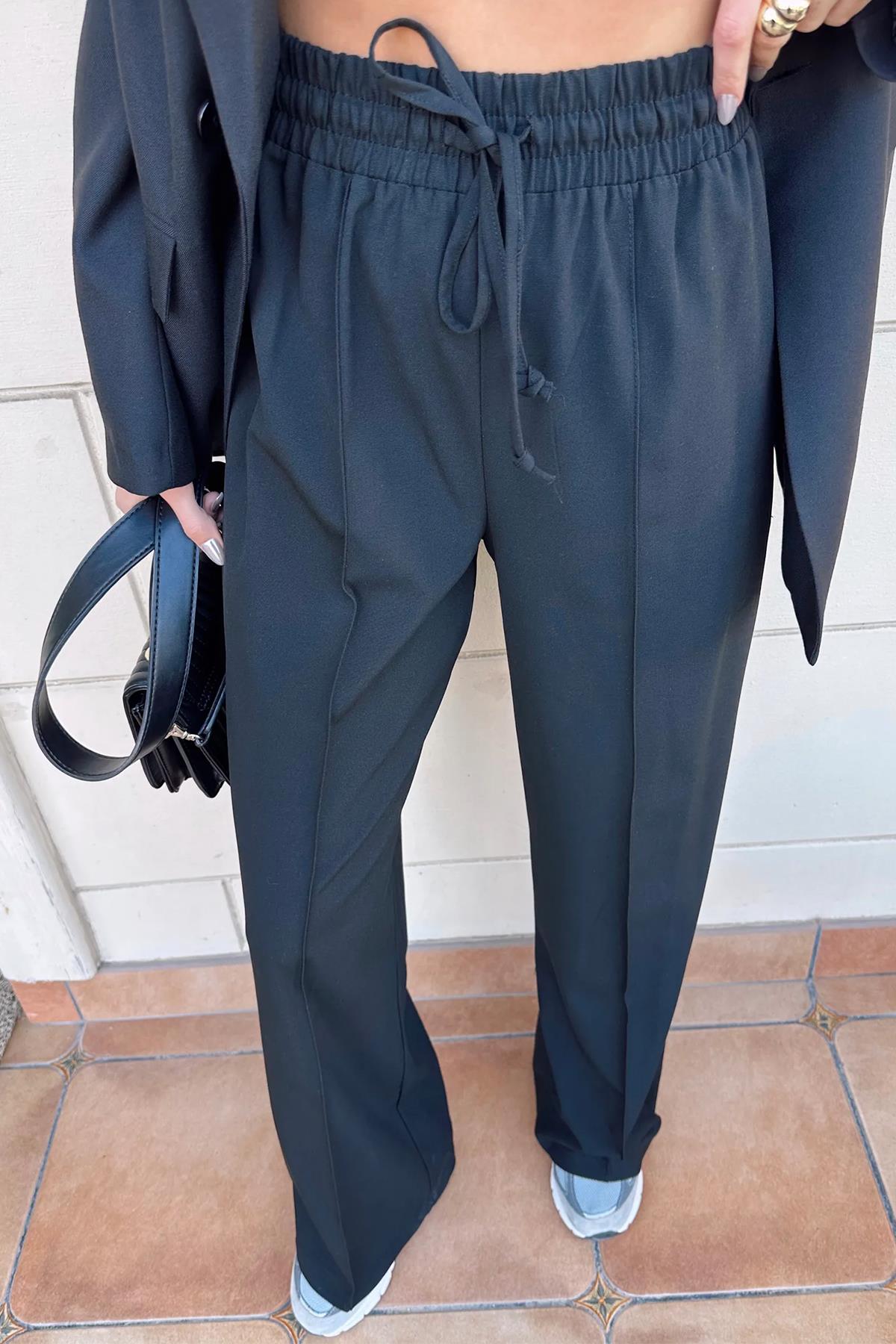 BELİ LASTİKLİ POLİVİSKON PALAZZO PANTOLON LACİVERT
