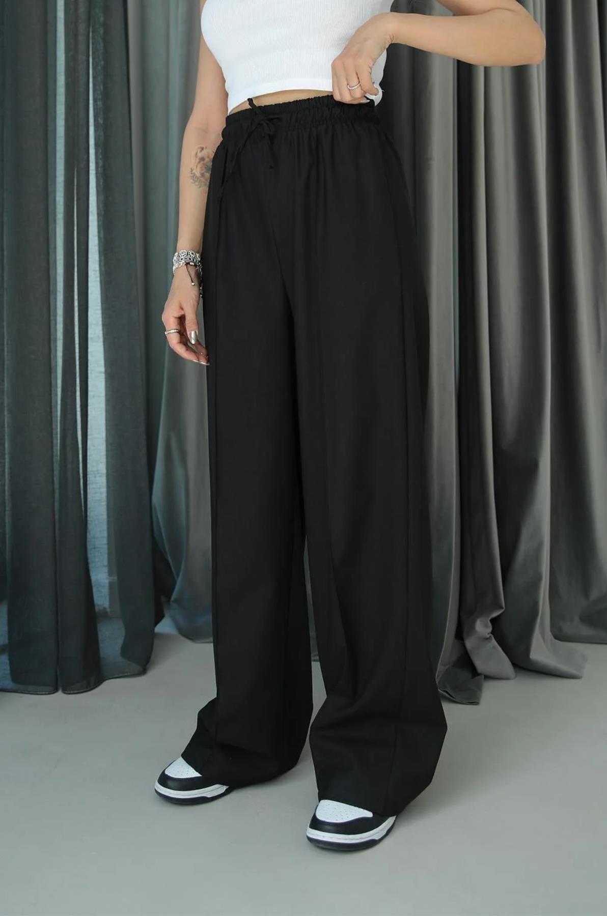 BELİ LASTİKLİ POLİVİSKON PALAZZO PANTOLON SİYAH