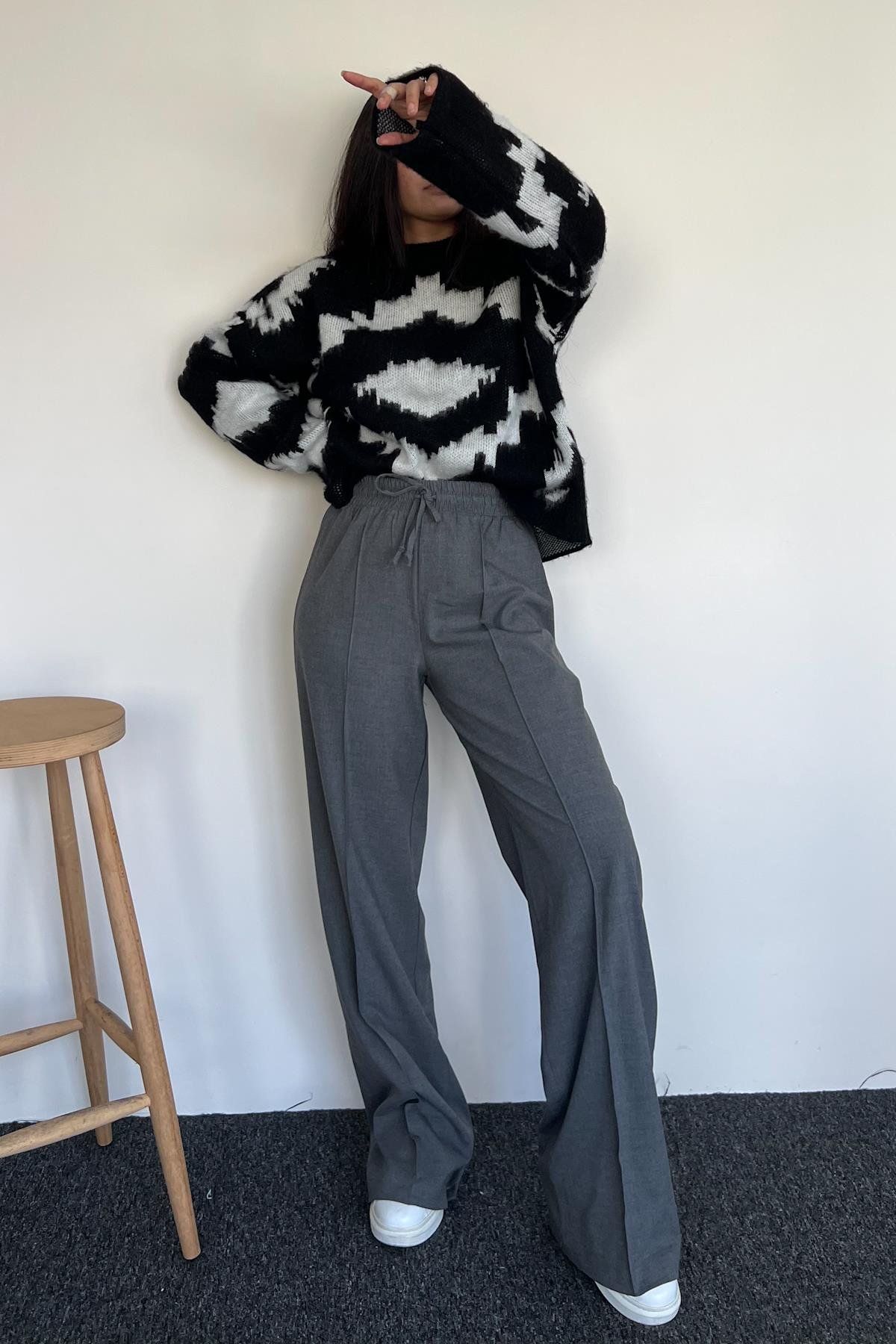 BELİ LASTİKLİ POLİVİSKON PALAZZO PANTOLON ANTRASİT