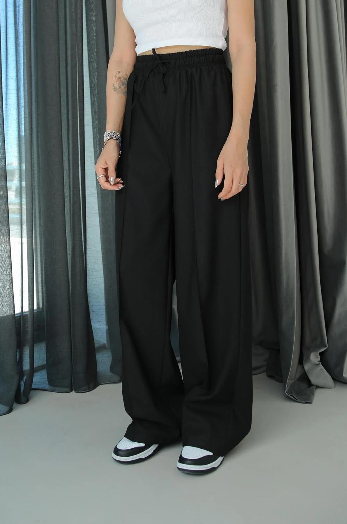 BELİ LASTİKLİ POLİVİSKON PALAZZO PANTOLON SİYAH