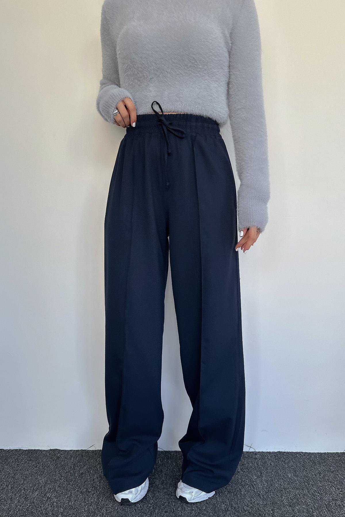 BELİ LASTİKLİ POLİVİSKON PALAZZO PANTOLON LACİVERT