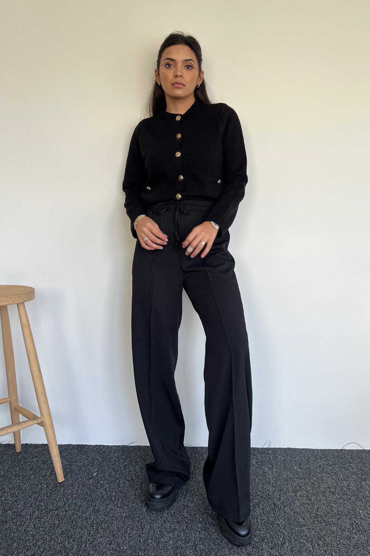 BELİ LASTİKLİ POLİVİSKON PALAZZO PANTOLON SİYAH