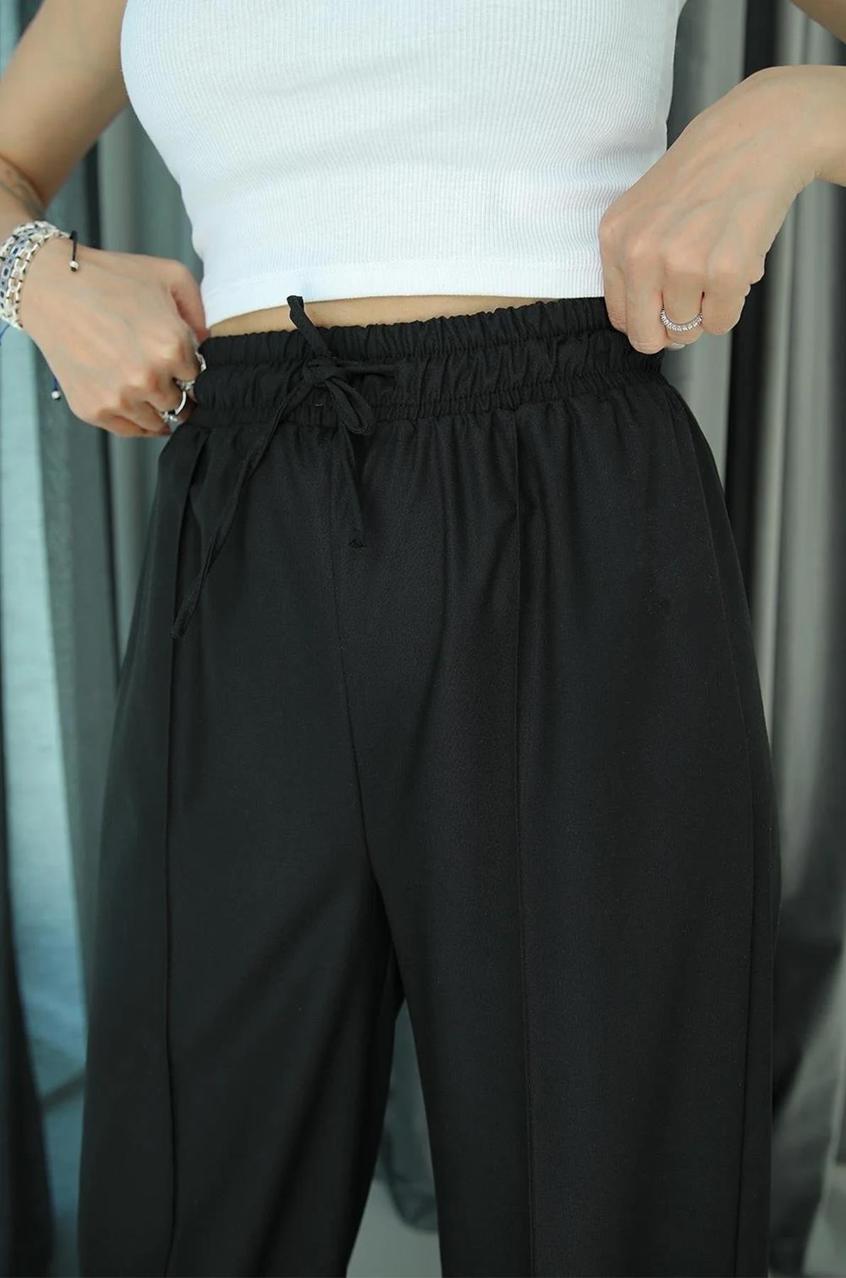 BELİ LASTİKLİ POLİVİSKON PALAZZO PANTOLON SİYAH