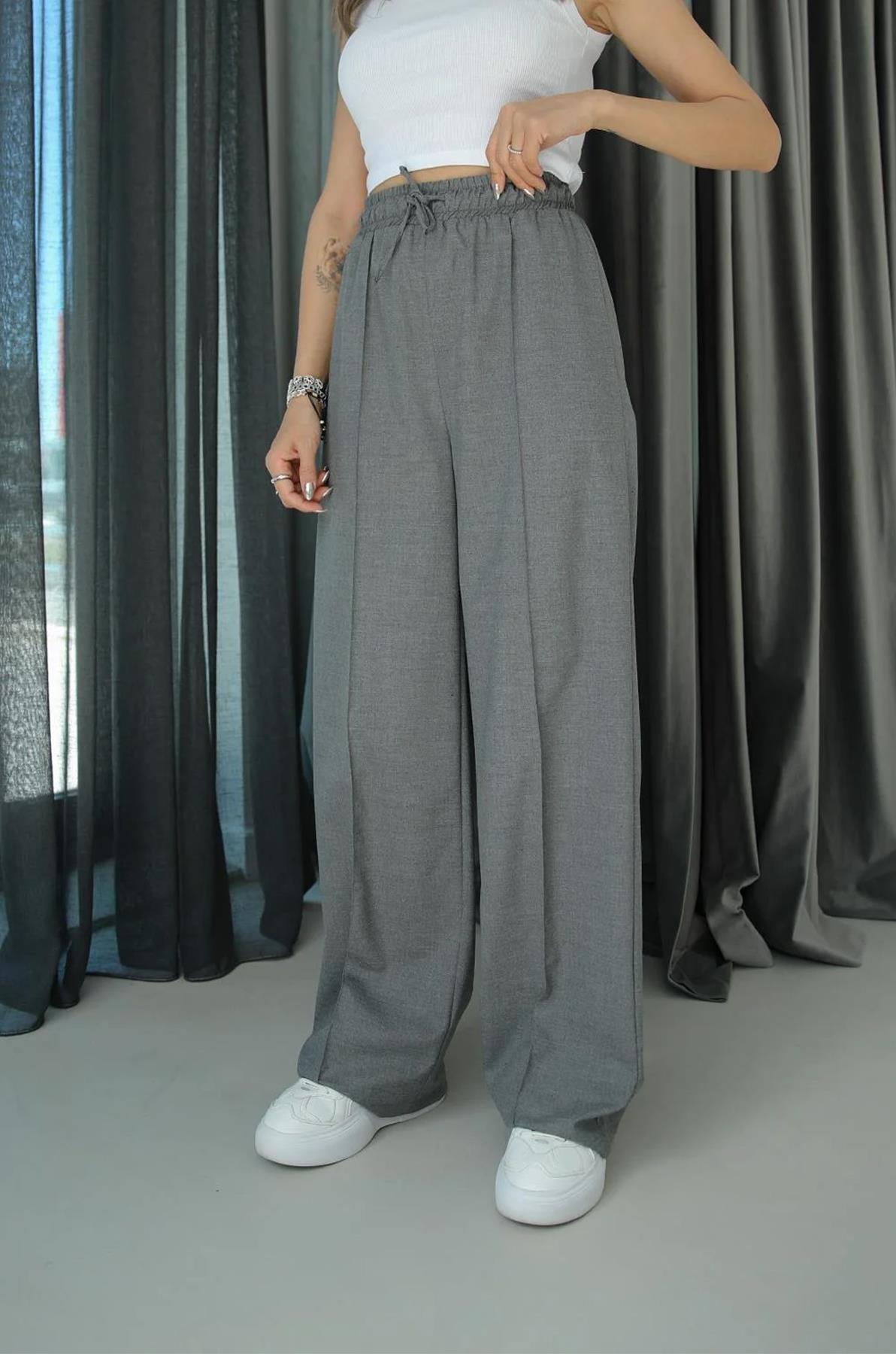 BELİ LASTİKLİ POLİVİSKON PALAZZO PANTOLON ANTRASİT