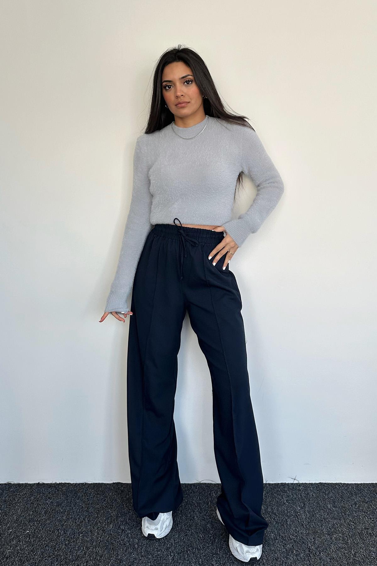 BELİ LASTİKLİ POLİVİSKON PALAZZO PANTOLON LACİVERT