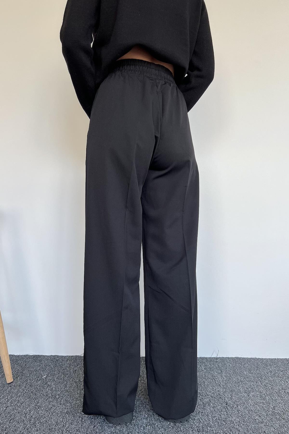 BELİ LASTİKLİ POLİVİSKON PALAZZO PANTOLON SİYAH