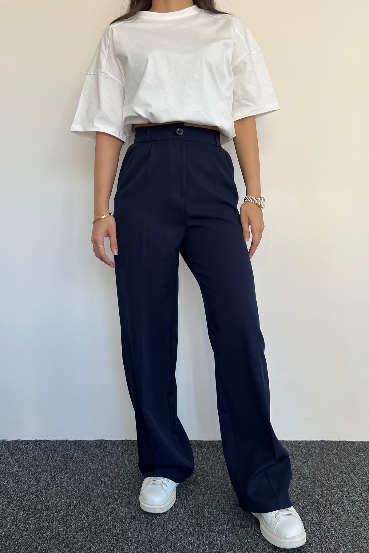 FERMUARLI CEPLİ PALAZZO PANTOLON LACİVERT