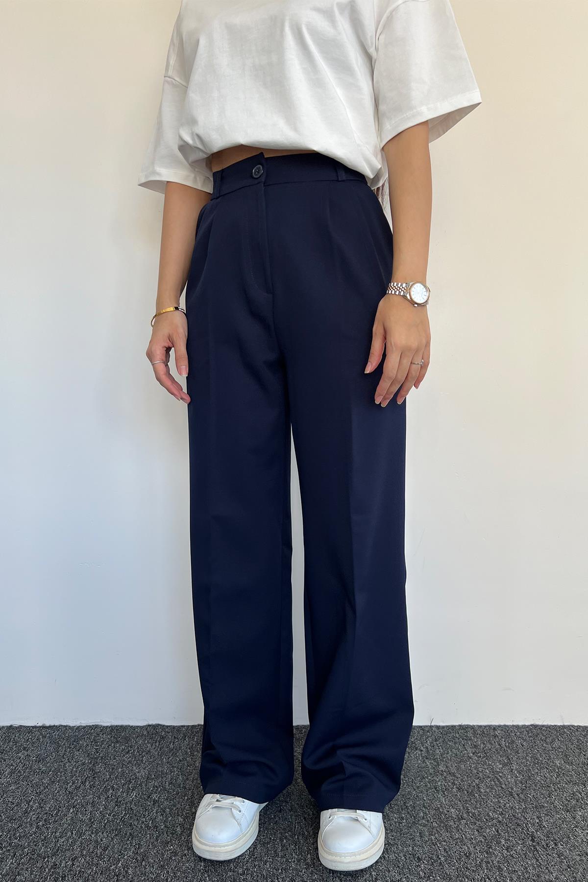 FERMUARLI CEPLİ PALAZZO PANTOLON LACİVERT