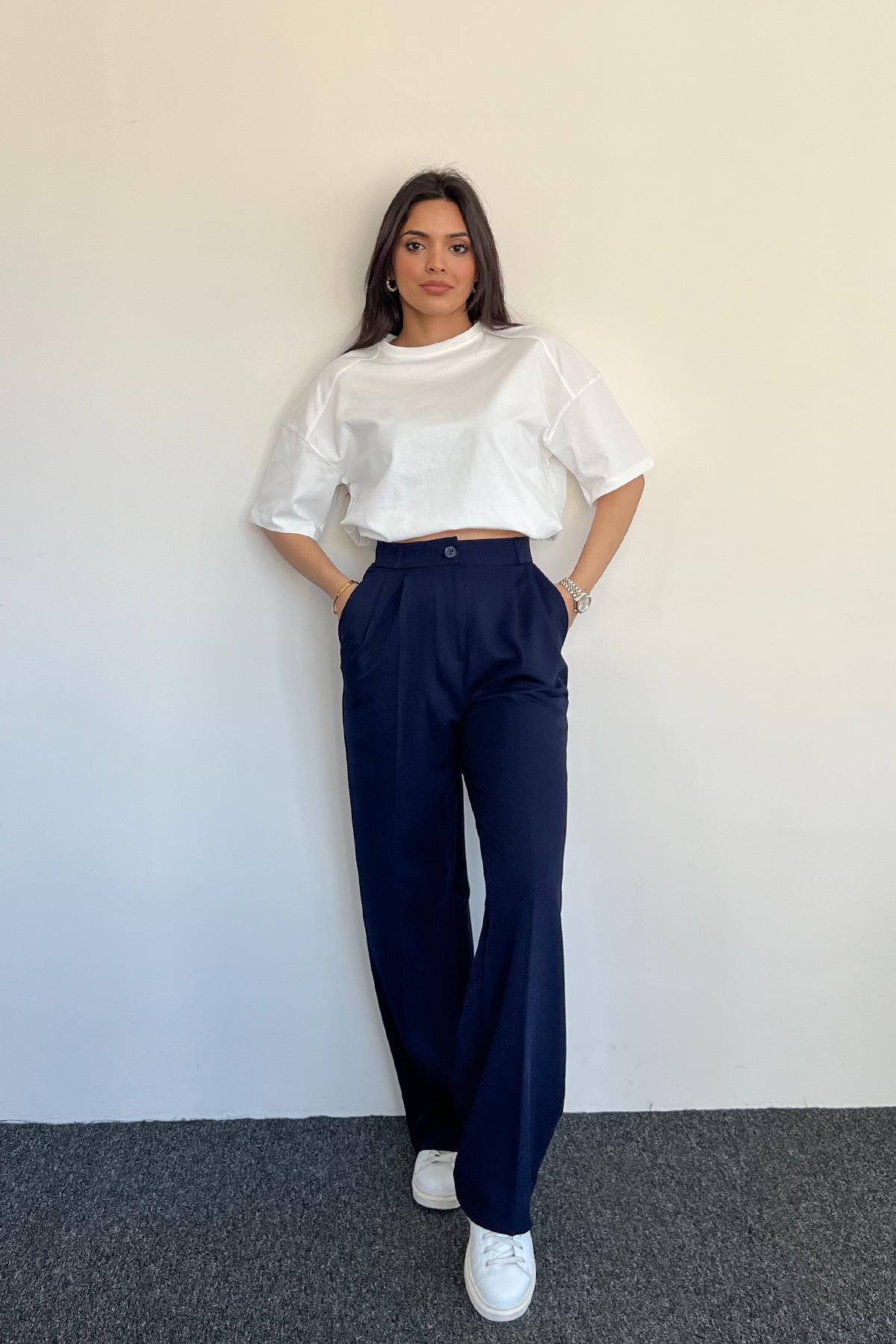 FERMUARLI CEPLİ PALAZZO PANTOLON LACİVERT