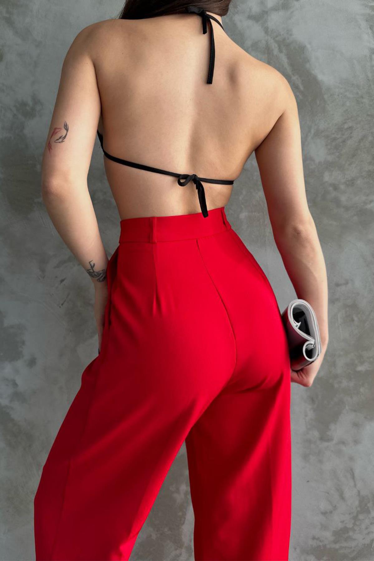 FERMUARLI CEPLİ PALAZZO PANTOLON KIRMIZI