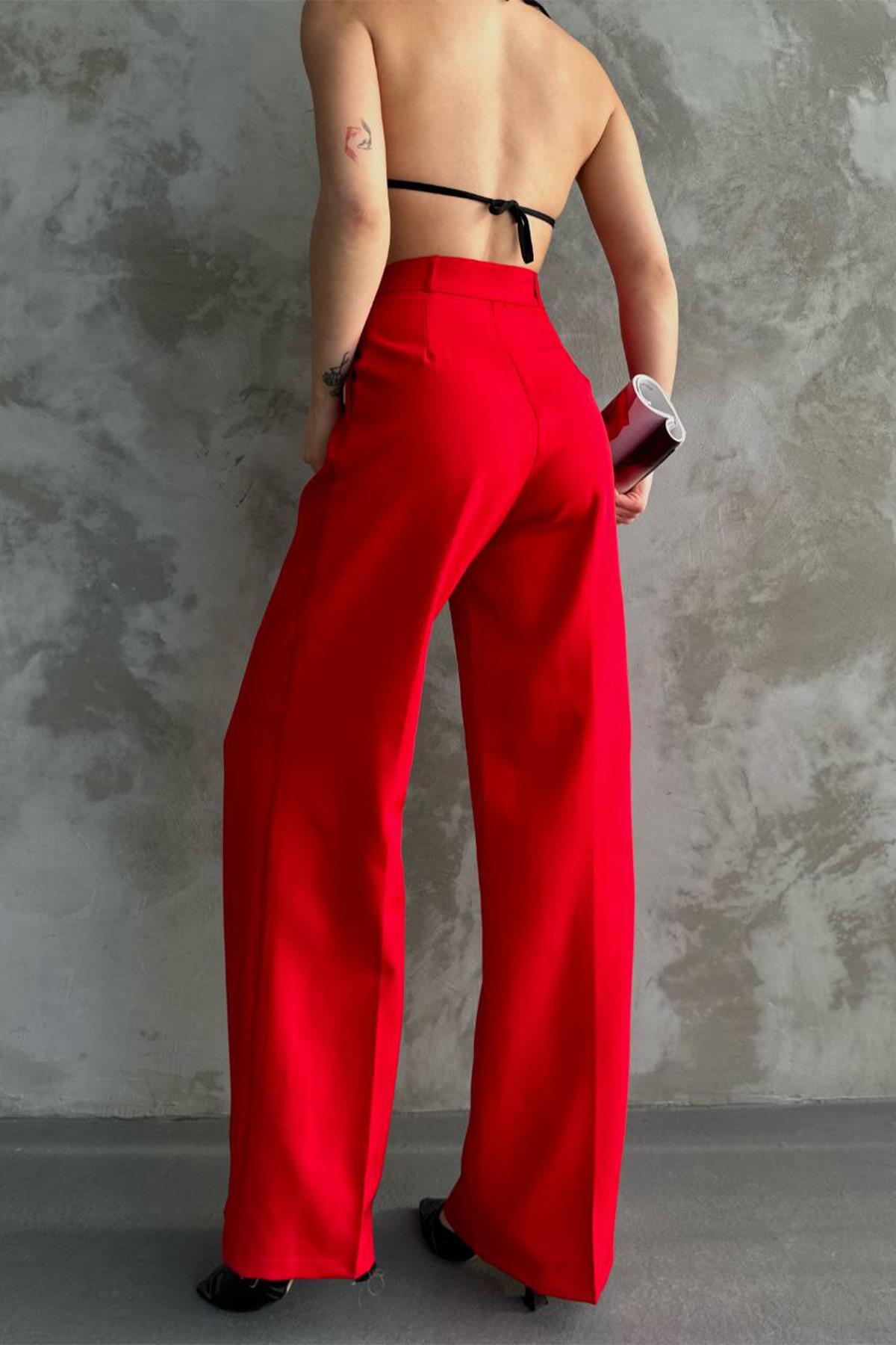FERMUARLI CEPLİ PALAZZO PANTOLON KIRMIZI