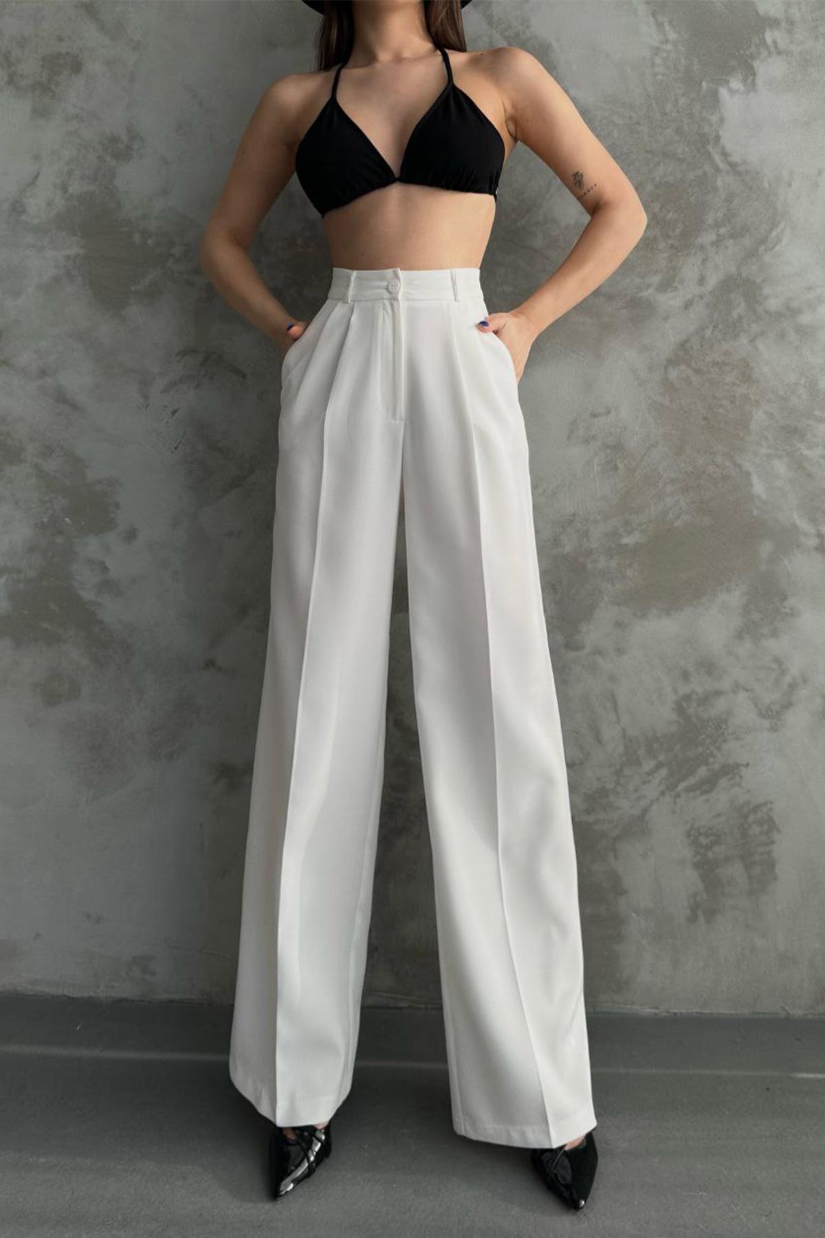 FERMUARLI CEPLİ PALAZZO PANTOLON BEYAZ