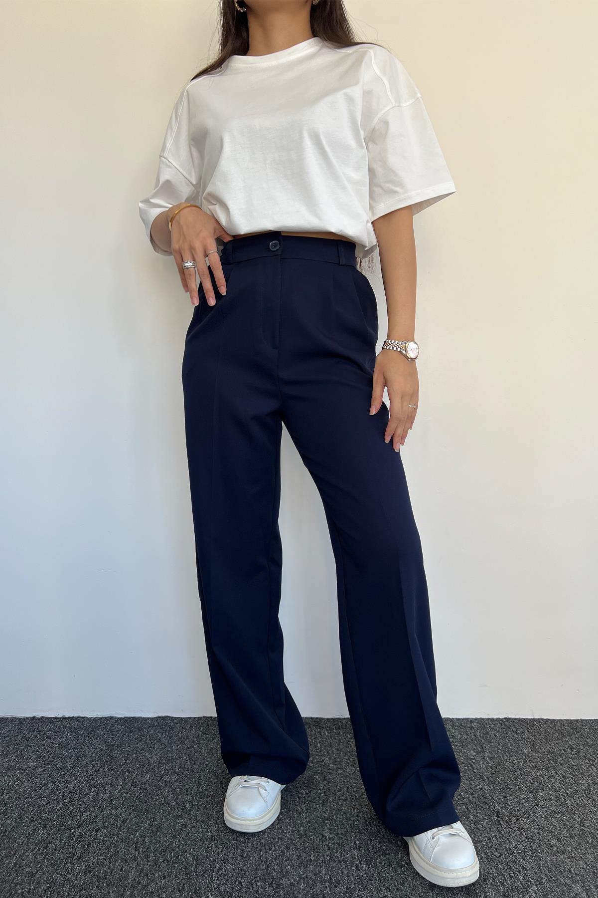 FERMUARLI CEPLİ PALAZZO PANTOLON LACİVERT