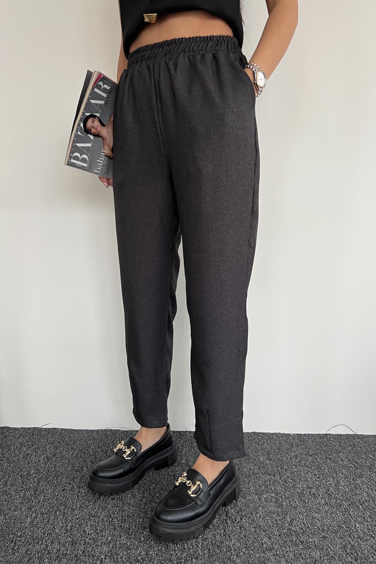 HAVUÇ KESİM BELİ LASTİKLİ KUMAŞ PANTOLON ANTRASİT
