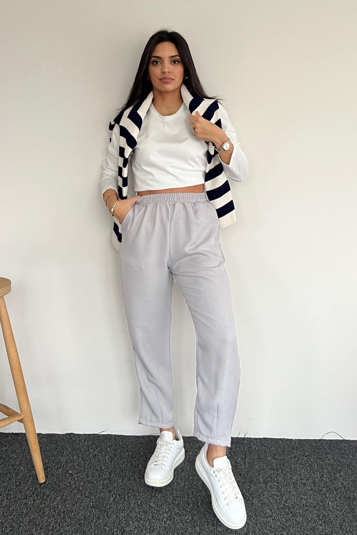 HAVUÇ KESİM BELİ LASTİKLİ KUMAŞ PANTOLON GRİ