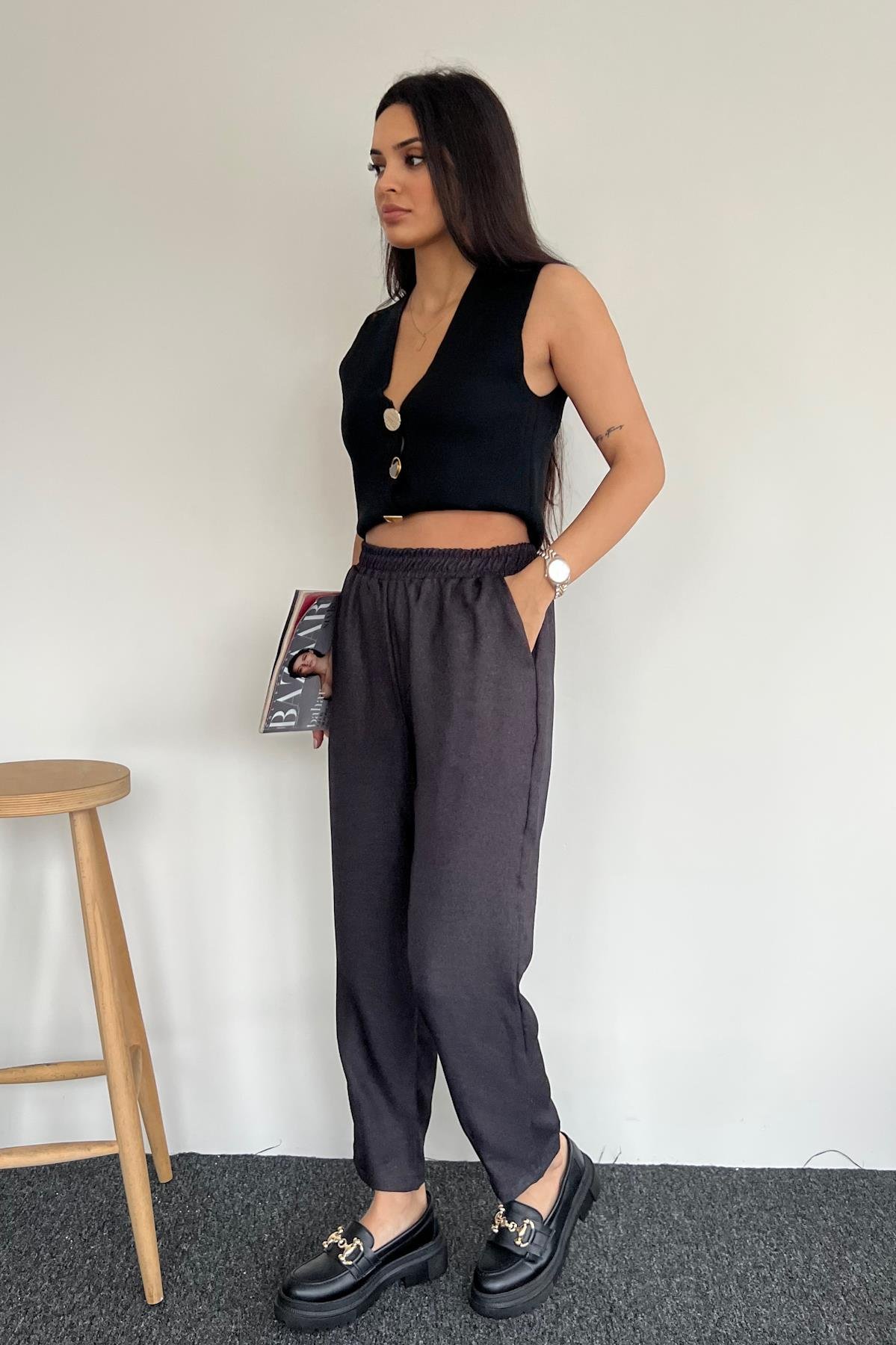 HAVUÇ KESİM BELİ LASTİKLİ KUMAŞ PANTOLON ANTRASİT