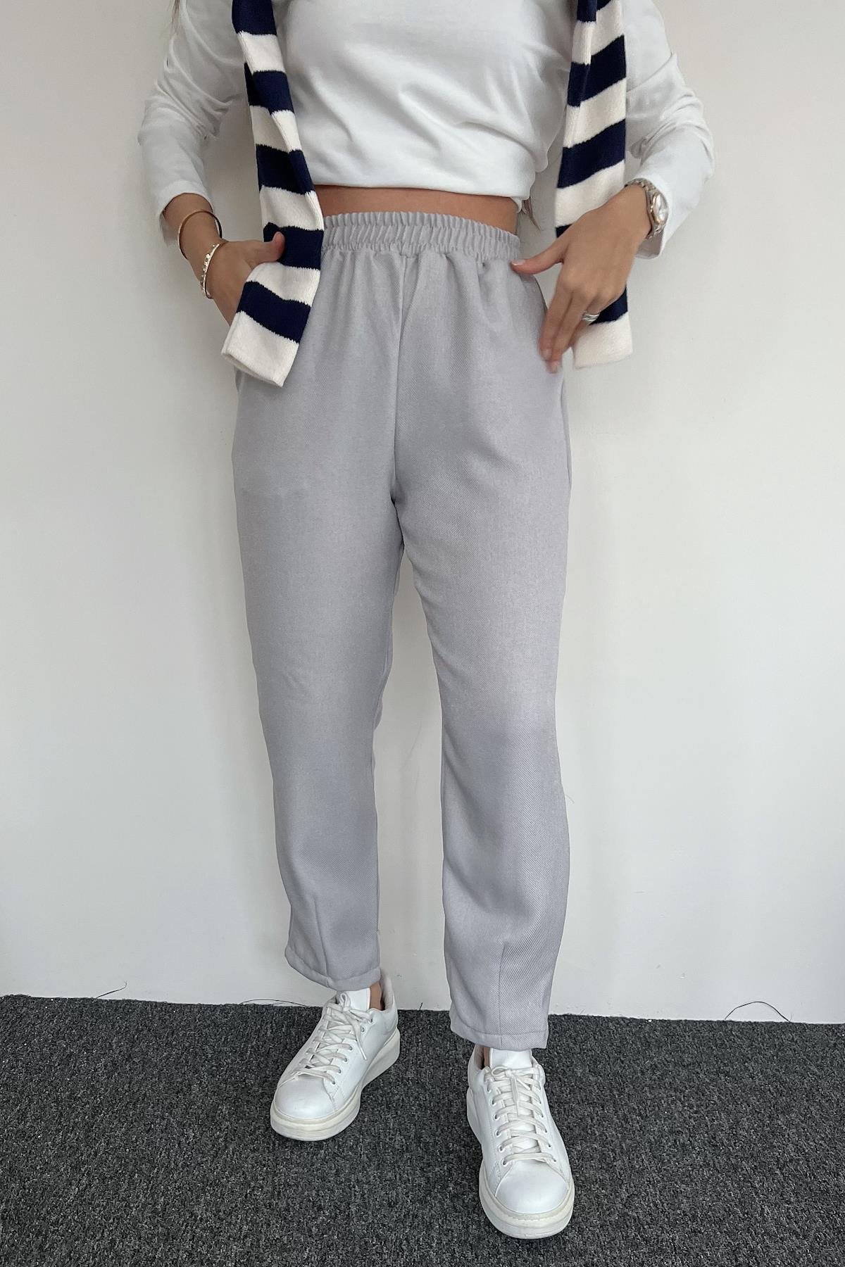 HAVUÇ KESİM BELİ LASTİKLİ KUMAŞ PANTOLON GRİ