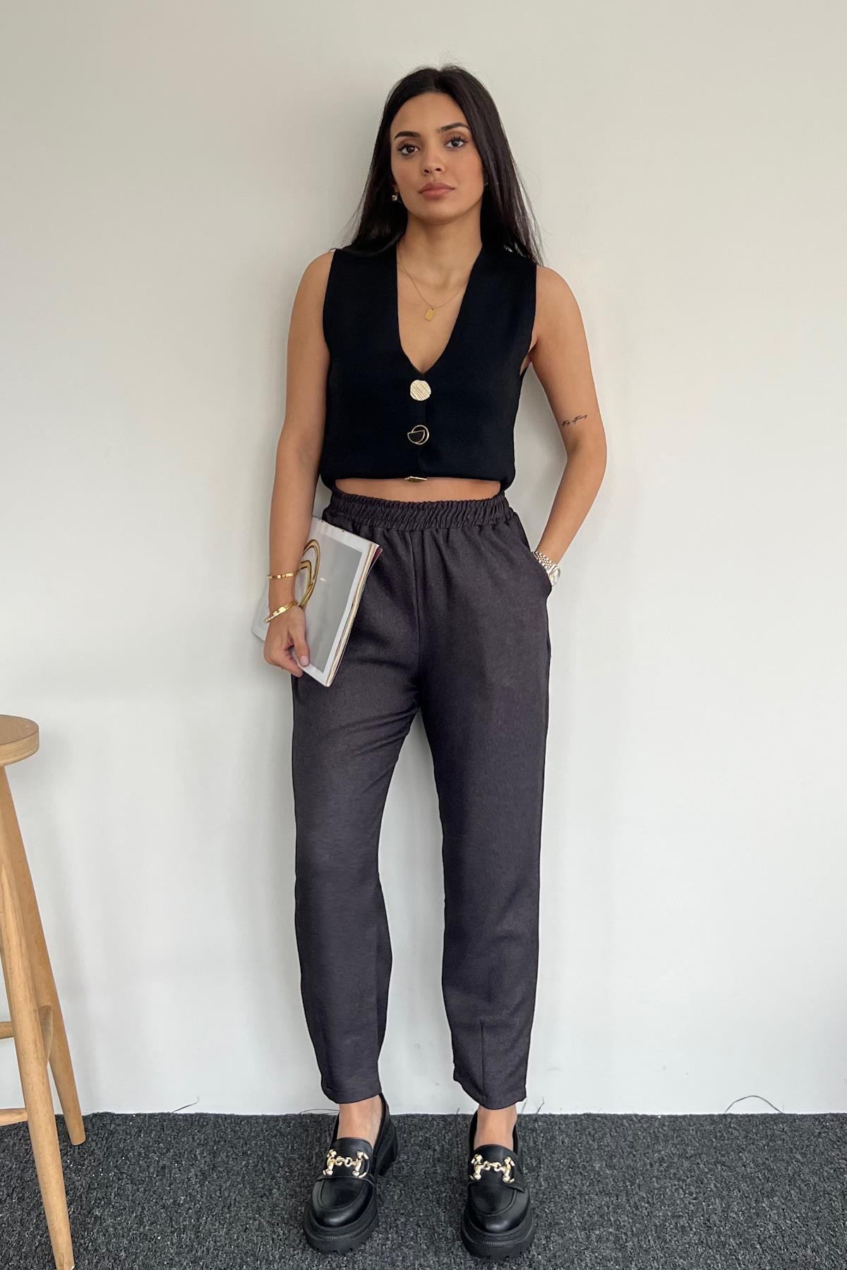 HAVUÇ KESİM BELİ LASTİKLİ KUMAŞ PANTOLON ANTRASİT
