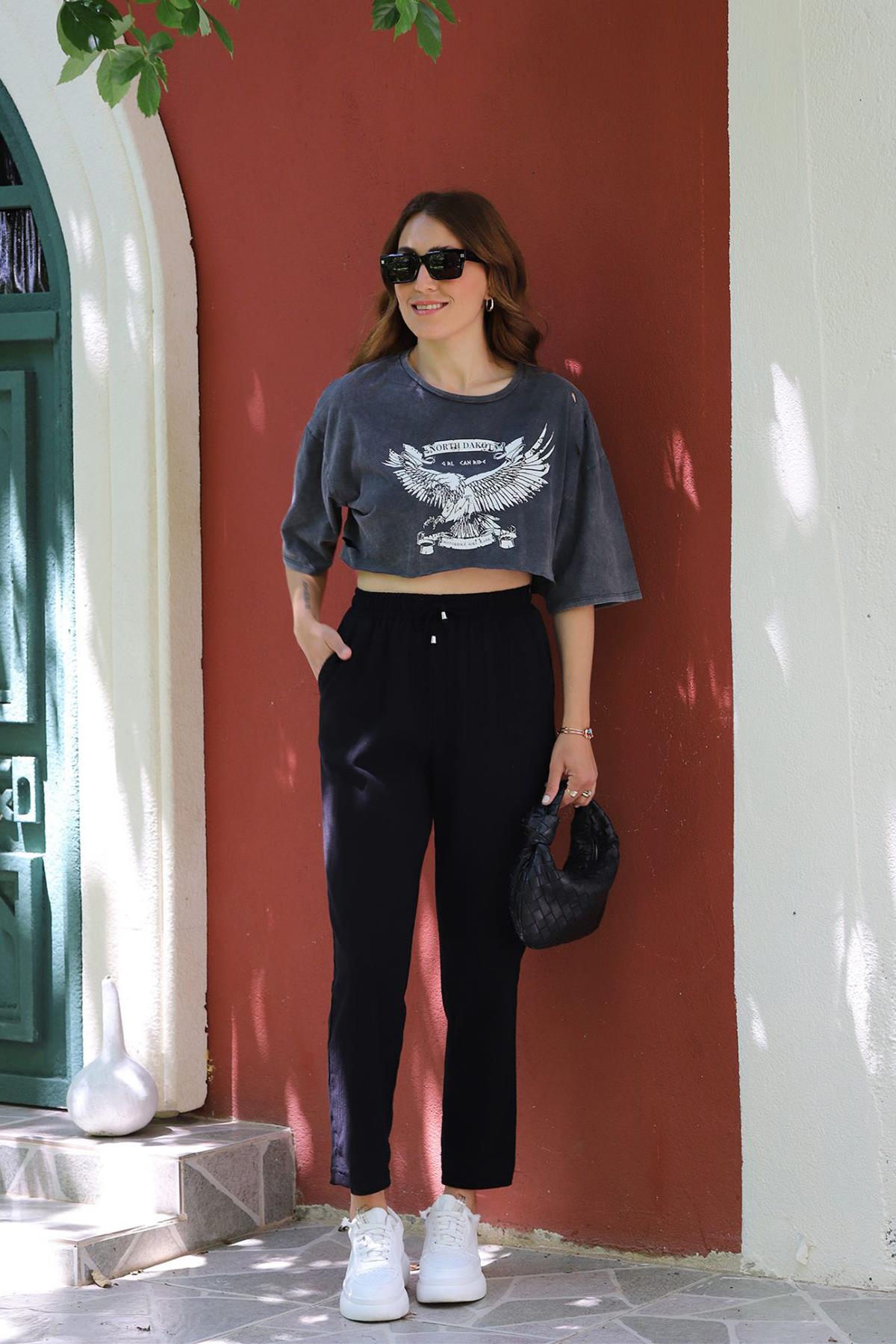 HAVUÇ KESİM BELİ LASTİKLİ PAMUK PANTOLON SİYAH