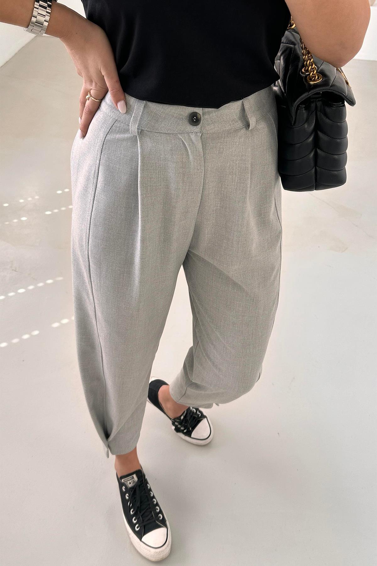 PAÇA DÜĞME DETAY PİLİSELİ SLOUCHY PANTOLON GRİ