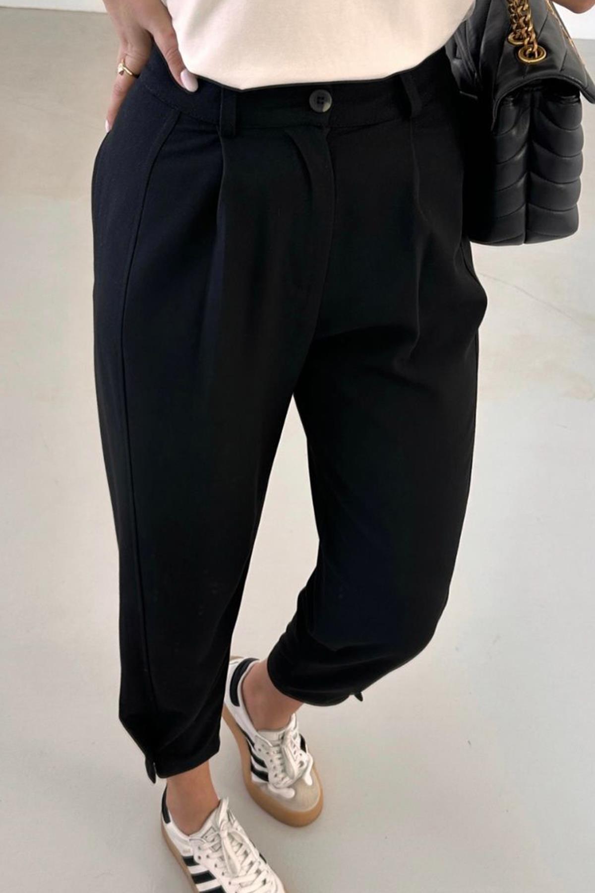 PAÇA DÜĞME DETAY PİLİSELİ SLOUCHY PANTOLON SİYAH