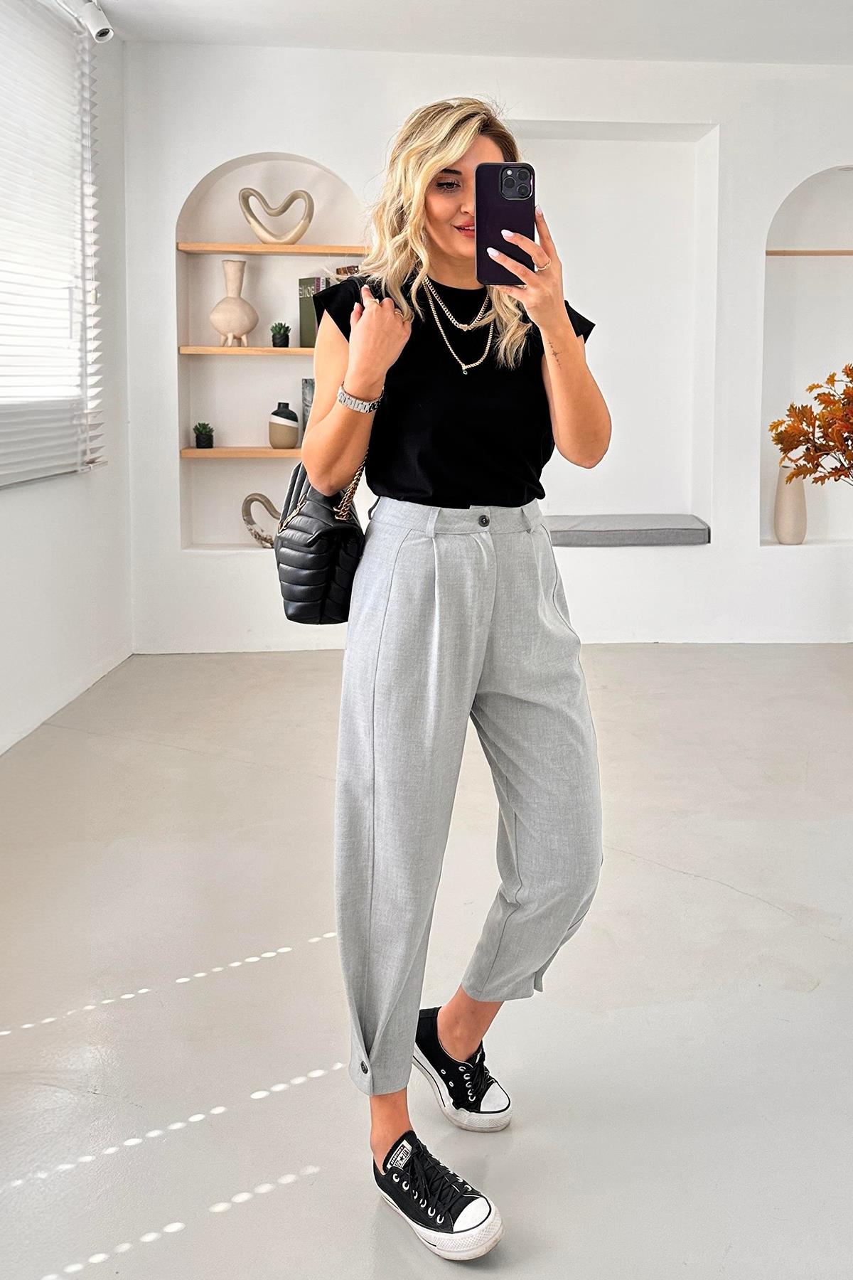 PAÇA DÜĞME DETAY PİLİSELİ SLOUCHY PANTOLON GRİ