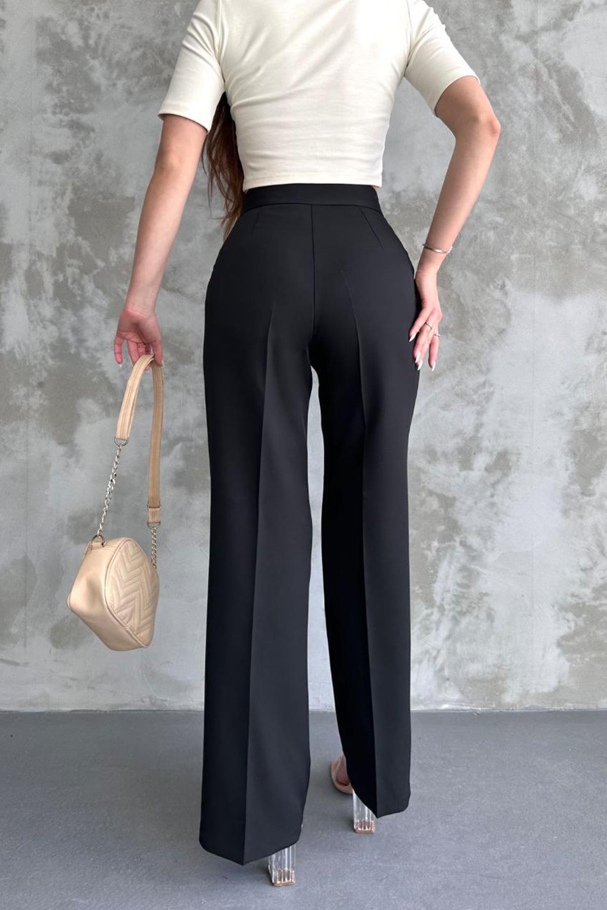 YANDAN FERMUARLI KUMAŞ PANTOLON SİYAH