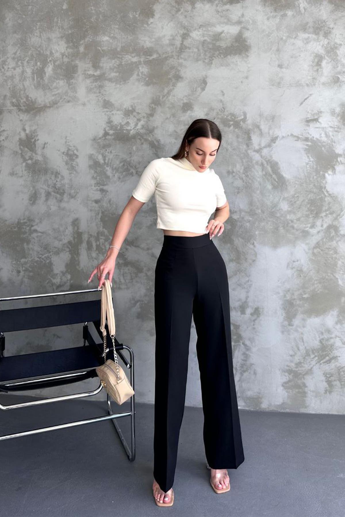 YANDAN FERMUARLI KUMAŞ PANTOLON SİYAH