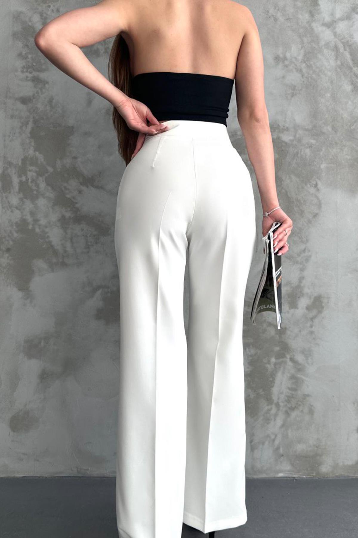 YANDAN FERMUARLI KUMAŞ PANTOLON BEYAZ