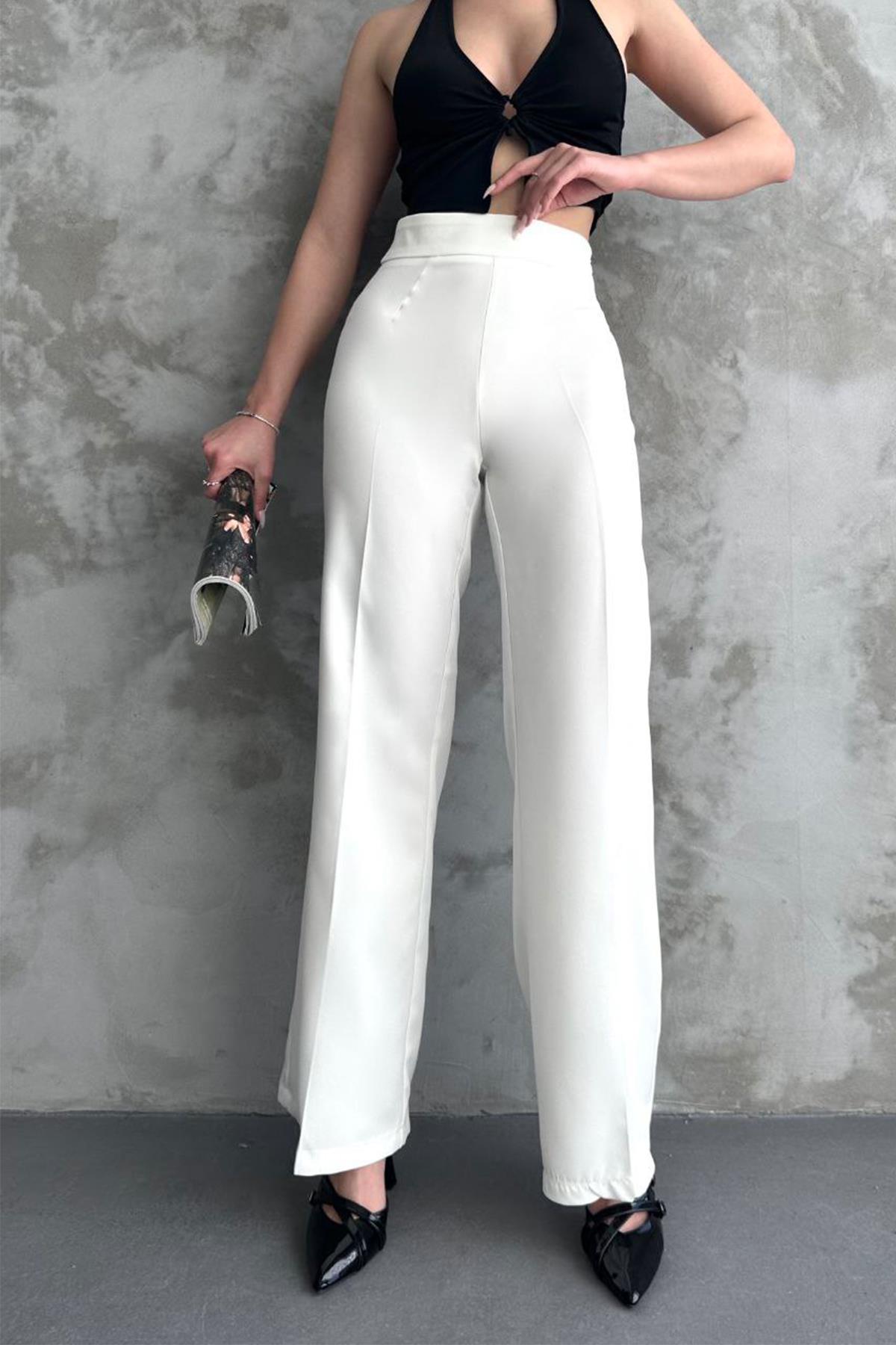 YANDAN FERMUARLI KUMAŞ PANTOLON BEYAZ