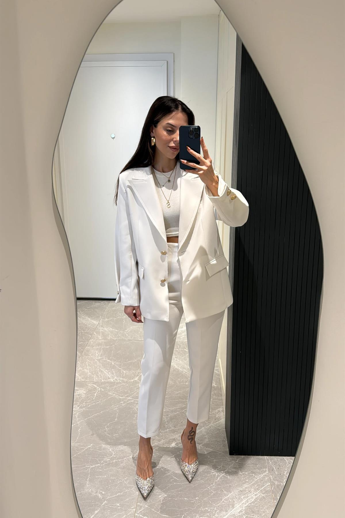 YÜKSEK BEL PENSLİ PREMIUM KUMAŞ PANTOLON TAŞ