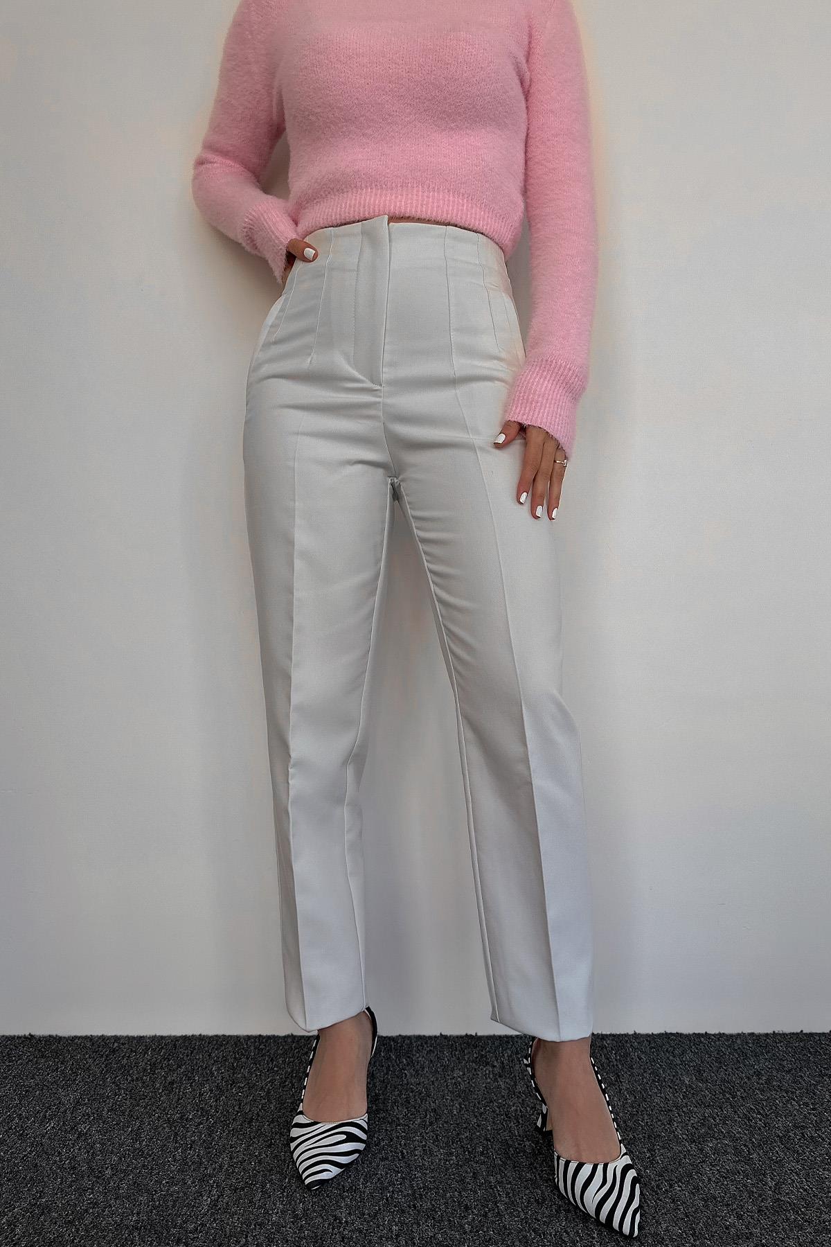 YÜKSEK BEL PENSLİ PREMIUM KUMAŞ PANTOLON TAŞ