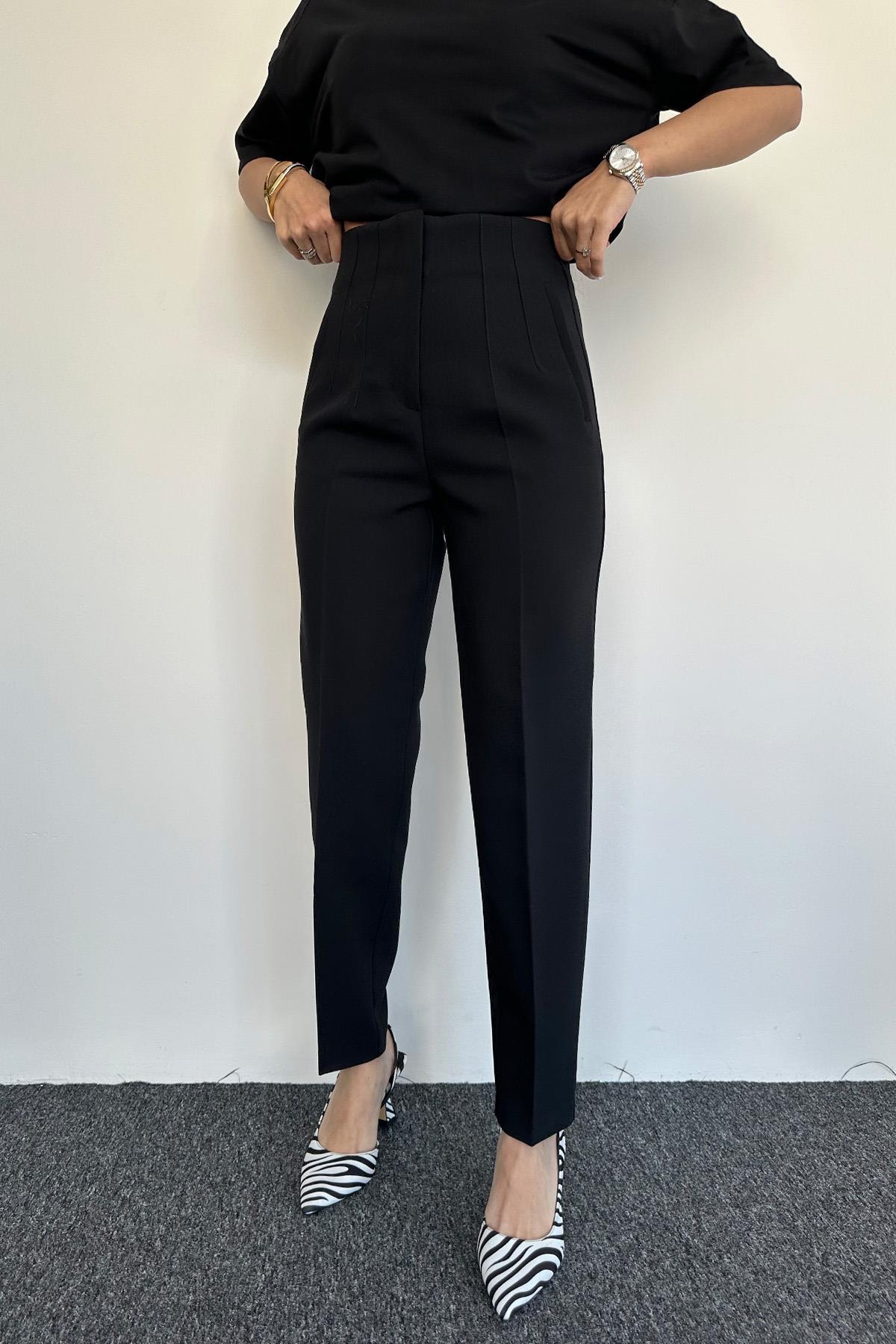 YÜKSEK BEL PENSLİ PREMIUM KUMAŞ PANTOLON SİYAH