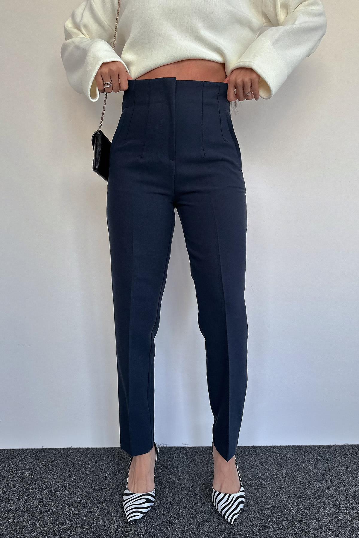 YÜKSEK BEL PENSLİ PREMIUM KUMAŞ PANTOLON LACİVERT