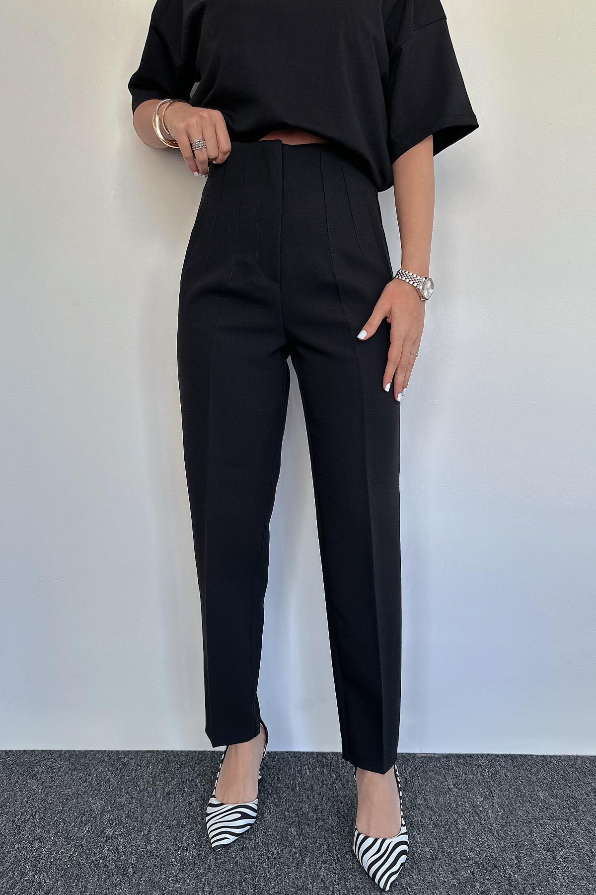 YÜKSEK BEL PENSLİ PREMIUM KUMAŞ PANTOLON SİYAH