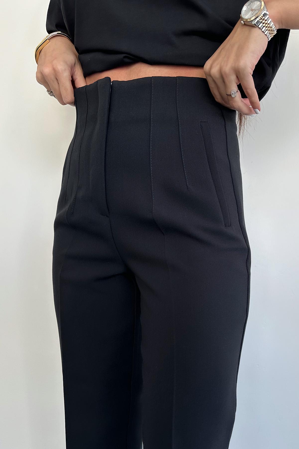 YÜKSEK BEL PENSLİ PREMIUM KUMAŞ PANTOLON SİYAH