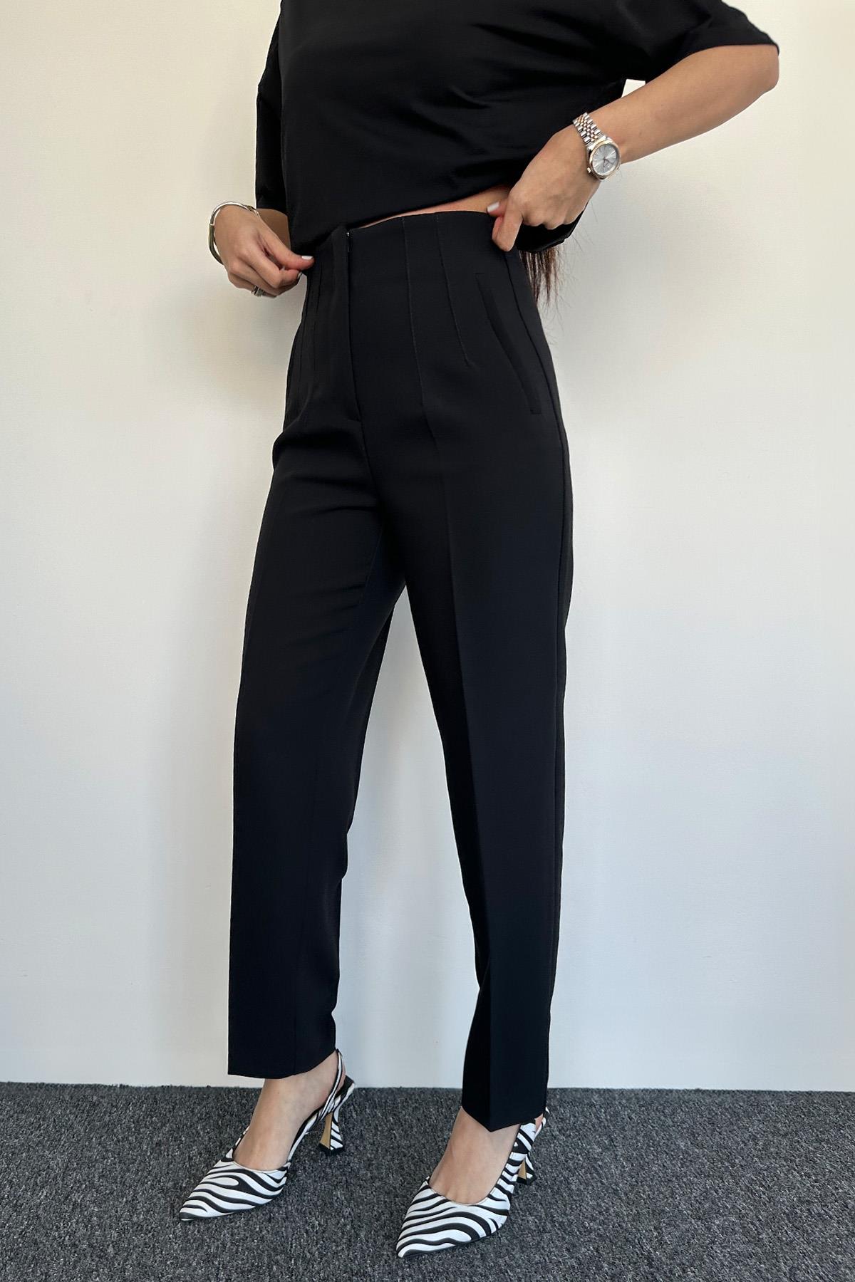 YÜKSEK BEL PENSLİ PREMIUM KUMAŞ PANTOLON SİYAH