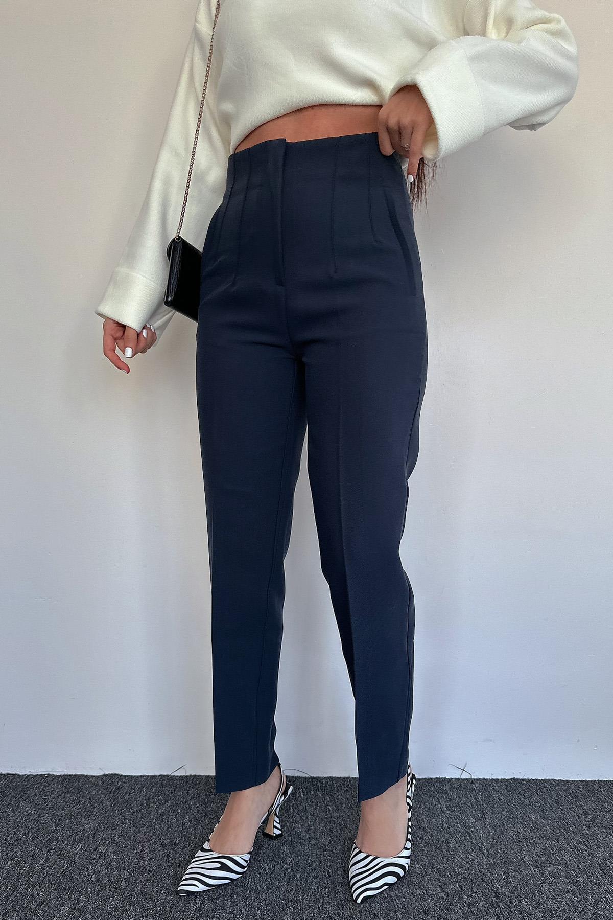 YÜKSEK BEL PENSLİ PREMIUM KUMAŞ PANTOLON LACİVERT