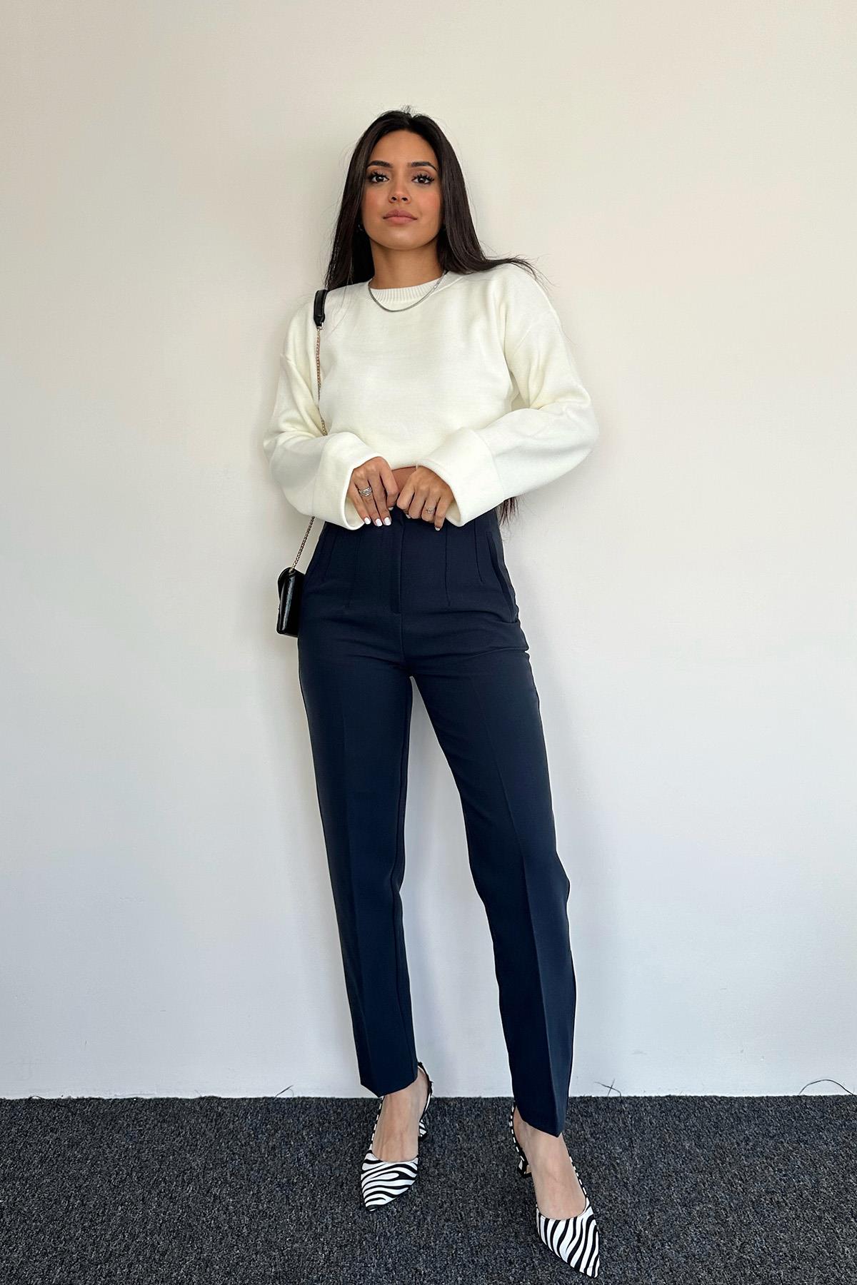 YÜKSEK BEL PENSLİ PREMIUM KUMAŞ PANTOLON LACİVERT