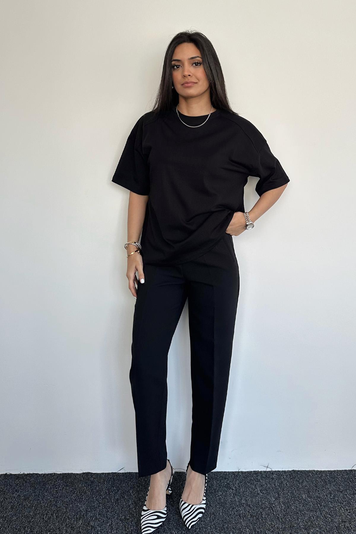 YÜKSEK BEL PENSLİ PREMIUM KUMAŞ PANTOLON SİYAH